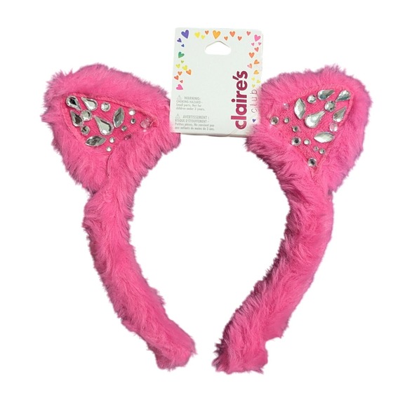 NEW! Claire's Club Pink Fuzzy Cat Ears Headband Rhinestone Costume Party Cute - Picture 1 of 4